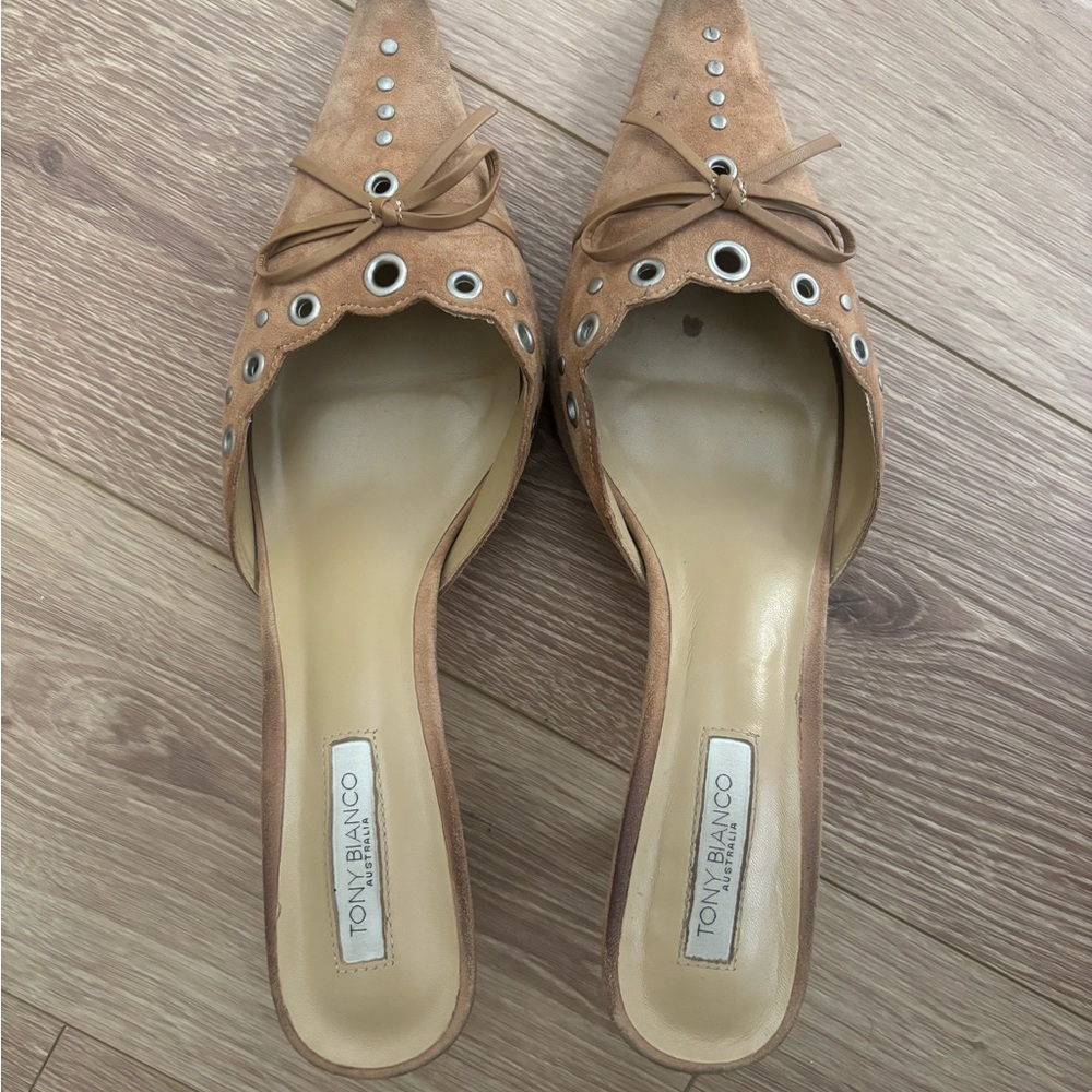 Tony Bianco Camel Suede Pointed Toe Eyelet Mules